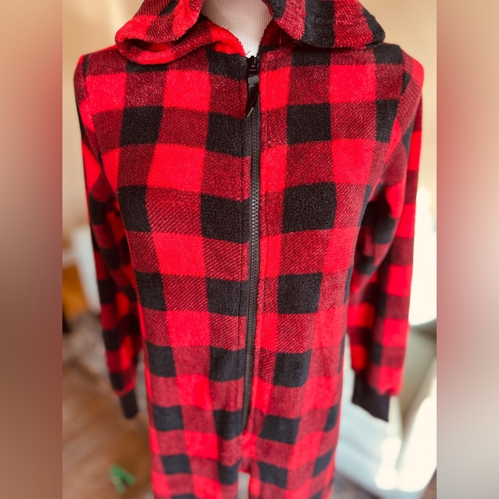 Totally Pink Buffalo Plaid Fleece Hooded Onesie Buffalo Women’s Size Large - Picture 6 of 15